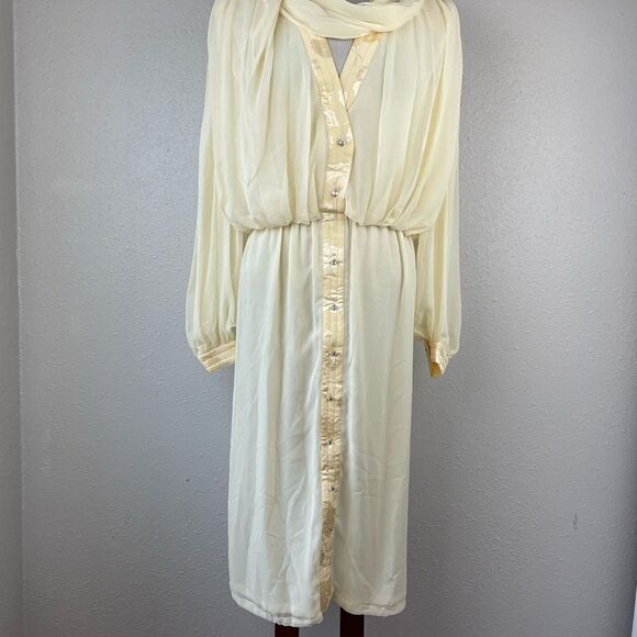 NWT Vintage Wayne Clark by Aline Marelle Yellow Silk Dress and Scarf Size 12 - Picture 4 of 11